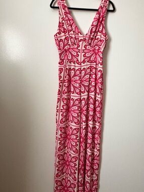 Pink Patterned V-Neck Sleeveless Jumpsuit